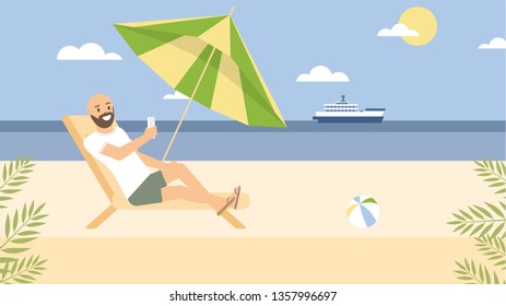 Man relax on beach with smartphone vector illustration in flat style