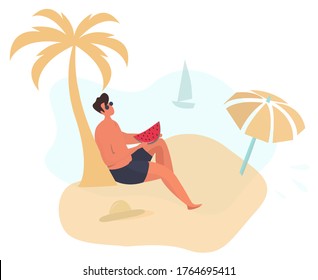Man Relax on the Beach Under Palm Tree. Beach Umbrella. Young Man Wearing Swimsuit in the Sunglasses Sunbathing at Sea. Hut on Sand. Beach Activity. Summer Holiday Relaxing.Flat Vector Illustration