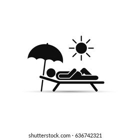 Man relax on beach under an umbrella on chaise-longue. Vector sea rest illustration.