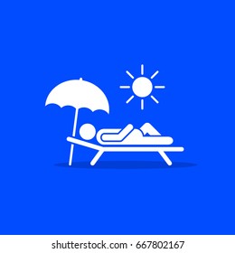 Man relax on beach under an umbrella on chaise-longue, white icon on blue background. Vector sea rest vacation symbol.