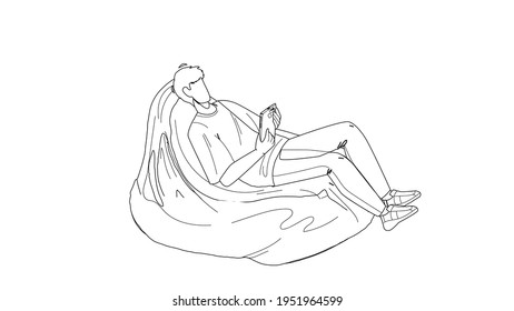 Man Relax On Bean Bag And Playing On Phone Black Line Pencil Drawing Vector. Young Boy Have Leisure Time And Relax On Soft Sofa. Character Freelancer Businessman Relaxing After Work Illustration