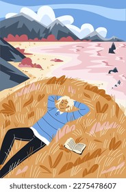 Man relax on cold coast. Young guy lies on shore of lake or sea in hay and thinks. Active lifestyle and outdoor recreation. Tourist and traveler hiking. Cartoon flat vector illustration