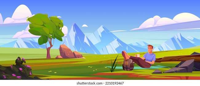Man relax on green field at wild nature landscape with mountain peaks, tree and rocks under blue sky with clouds. Young male character lying on mat with cup and rucksack, Cartoon Vector illustration