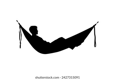 Man relax on hammock silhouette, Man relaxing lying in hammock. Vector silhouette
