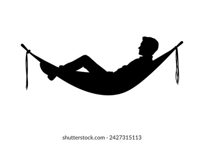 Man relax on hammock silhouette, Man relaxing lying in hammock. Vector silhouette