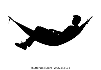 Man relax on hammock silhouette, Man relaxing lying in hammock. Vector silhouette