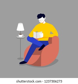 Man relax on sofa and reading book. Vector illustrations cartoon flat design concept.