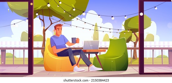 Man relax at outdoor home terrace, male character with coffee cup sitting at wooden patio at armchair with laptop on table, green trees and lawn view. Area for relaxation Cartoon vector illustration