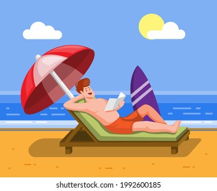 man relax sit in chair sunbathing on beach, summer holiday vacation concept in cartoon illustration vector