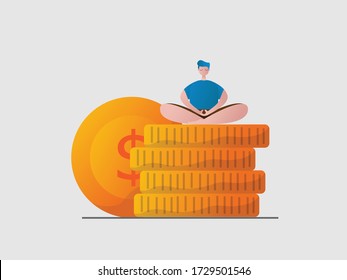 man relax sitting meditation on stack of money coins cartoon vector illustration flat design