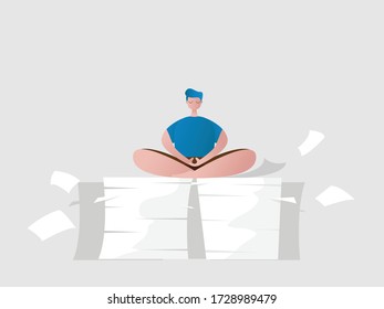 man relax sitting in meditation pose on a pile of paper work vector illustration cartoon flat design