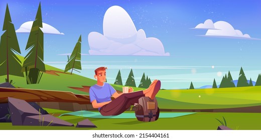 Man relax sitting on mat on green meadow. Vector cartoon illustration of summer rural landscape with coniferous trees, grass and happy person with earbuds, cup and backpack