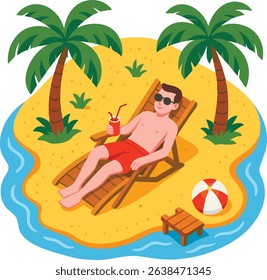 Man relaxation in deck chair. Tropical island vector background. Summer vibes, summer time theme illustration