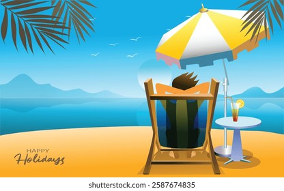 Man relaxation sitting on deck chair at tropical beach with orange juice and beautiful blue sky on holiday vacation during happy holidays in summer. vector, illustration