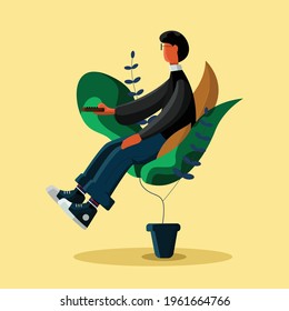 Man Relaxation Watch Tv Flat Vector Illustration