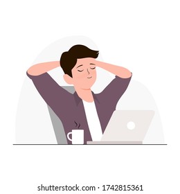 Man relaxed sitting on chair with his hands on head with laptop and coffee vector. Freelancer and passive income concept flat vector illustration