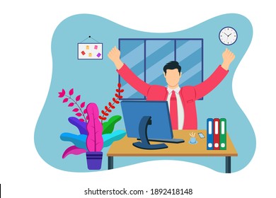 El hombre se relajó en el lugar de trabajo. Moderna oficina de estilo plano, hombre, computadora, ilustración vectorial. Ilustración vectorial de estilo plano para el elemento de banner del sitio web. hombre relajado sentado en la silla.