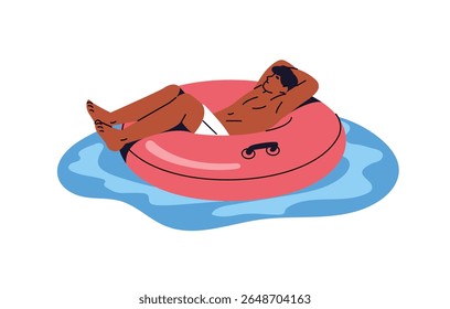 Man relaxes floating on inflatable circle in swimming pool in sea resort. Boy is lying, sunbathing on lifebuoy on water in aquapark in summer. Flat isolated vector illustration on white background