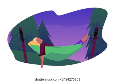 A man relaxes in a hammock under the night sky and trees. Flat vector isolated illustration of a tranquil forest scene for tourism holiday and travel concept.