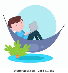 A man relaxes in a hammock while working on his laptop. This illustrates a serene and relaxed work style.