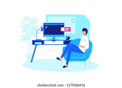 El hombre se relaja en la computadora de casa.