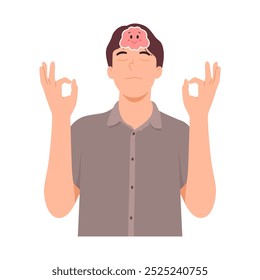 Man relaxes with meditation to relax, reduce stress, train imagination, eliminate emotions and anxiety, think positively, and manage memory.
