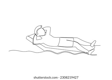 A man relaxes on a buoy on the beach. Swimming in beach one-line drawing