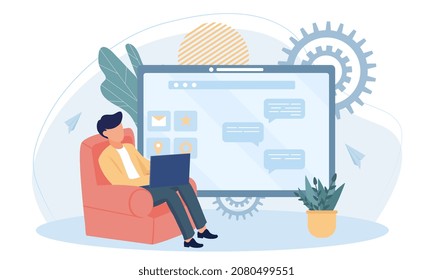 Man relaxes on chair concept. Young male character resting in apartment, using laptop and various social networks. Guy checks his email and chats. Cartoon contemporary flat vector illustration