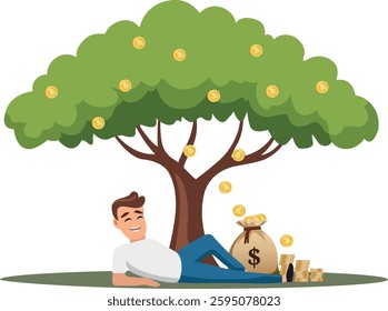 Man relaxes under a tree that grows gold coins, symbolizing passive income and financial freedom. A money bag and stacked coins represent effortless wealth accumulation and smart investments