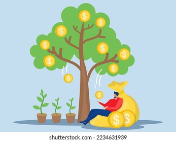 a man relaxes waiting for the money to enter his dollar bag, growing tree with coins and money, profit, financial management, investment, successful flat illustrator vector