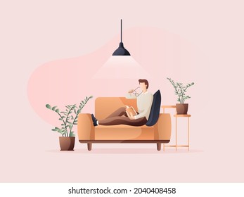 Man relaxes while reading a book on the sofa. Flat design Illustration about reads a book.