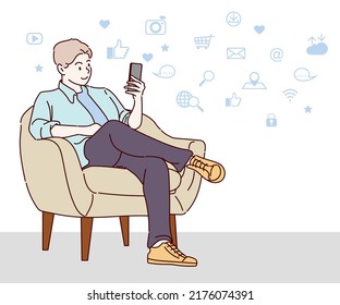 ํYoung man relaxing in armchair at home, using modern mobile phone, checking social media. Hand drawn in thin line style, vector illustrations.