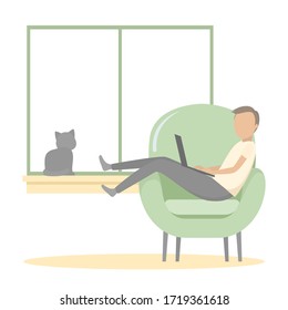 Man relaxing in armchair with laptop. Vector illustration.