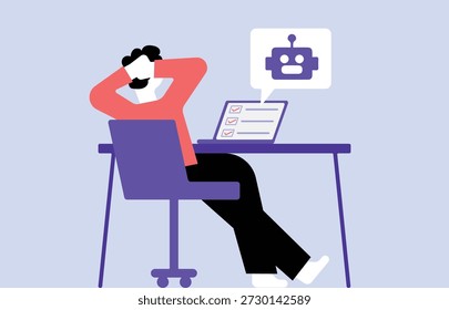 Hombre relajante e inteligencia artificial chatbot ayudando en ilustración de trabajo