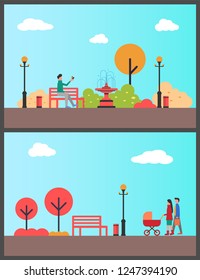 Man Relaxing In Autumn Park Sitting On Bench Vector. Family With Perambulator Walking, Strolling Parents Pushing Pram. Trees And Fountain Exterior