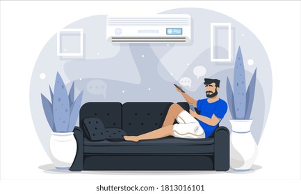 Man relaxing barefoot on a couch at home enjoying some quality time over a weekend or on vacation, colored vector illustration