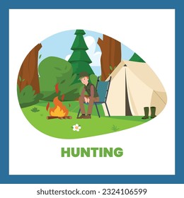 Man relaxing by tent and fire, hunting concept square poster, cartoon flat vector illustration. Hunter camping in forest. Concepts of nature, hiking and animal hunting season.