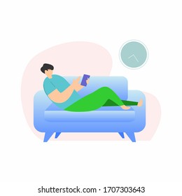 a man is relaxing by using a cellphone to avoid coronavirus, the COVID-19 WFH concept in a flat style