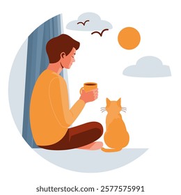 Man Relaxing with Cat by Window Enjoying Morning Coffee