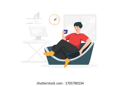 The man relaxing with a cup of coffee in hand.  svg