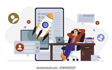 Man relaxing at desk with rocket symbolizing business growth, digital tasks, and productivity on abstract background. Concept of success