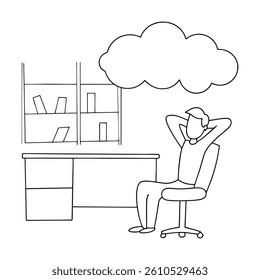 Man Relaxing At Desk Thinking Creative Ideas Under Cloud Concept Line Art