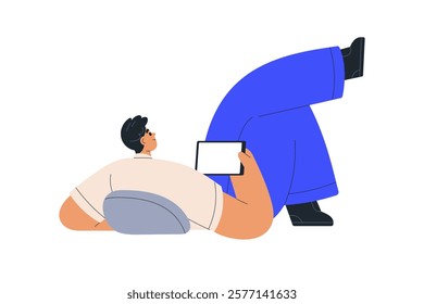 Man relaxing with digital tablet computer. Young person lying back and watching blank screen, holding gadget, pad in hands at leisure time. Flat vector illustration isolated on white background