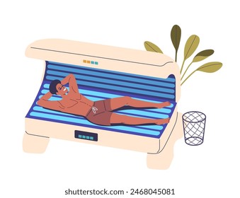 Man Relaxing During A Tanning Session In A Solarium. Smiling Male Character Lying Under Uv Lights In A Tanning Bed