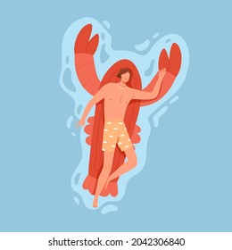 Man relaxing and floating on inflatable beach mattress in pool. Happy person swimming on rubber crab in water on summer holidays. Guy in trunks sunbathing, top view. Colored flat vector illustration