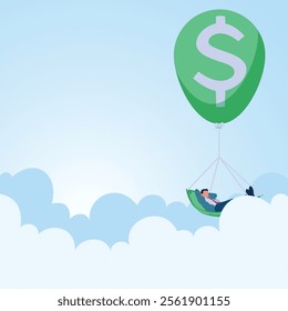 A man relaxing flying with a money balloon. Illustration for financial freedom, abundant wealth and riches.