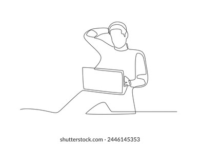 Man relaxing in front of laptop while working from home.Working from home one-line drawing