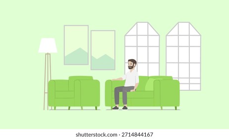 Homem Relaxante em um tema de cor verde moderno estilo liso sala de estar
