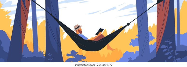 Man relaxing in hammock between trees reading book in forest with vibrant foliage and clear sky