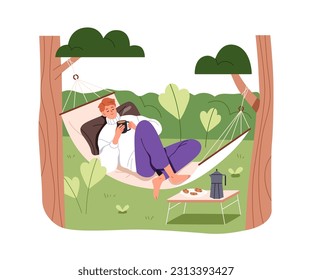 Man relaxing in hammock in nature. Person resting with coffee mug on summer holiday, vacation, weekend. Happy guy during cozy outdoor relaxation. Flat vector illustration isolated on white background